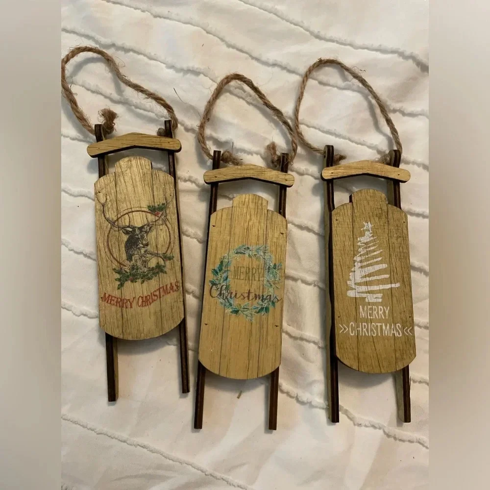 At Home wood sleigh Christmas ornaments bundle of 3